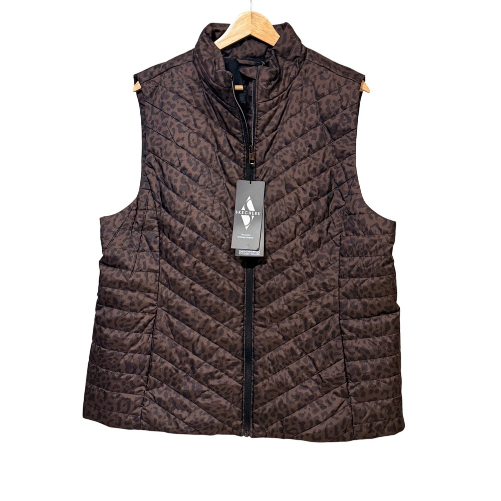 Skechers GO WALK Luxe Leopard Print Quilted Puffer Vest Brown Black 2XL NEW
